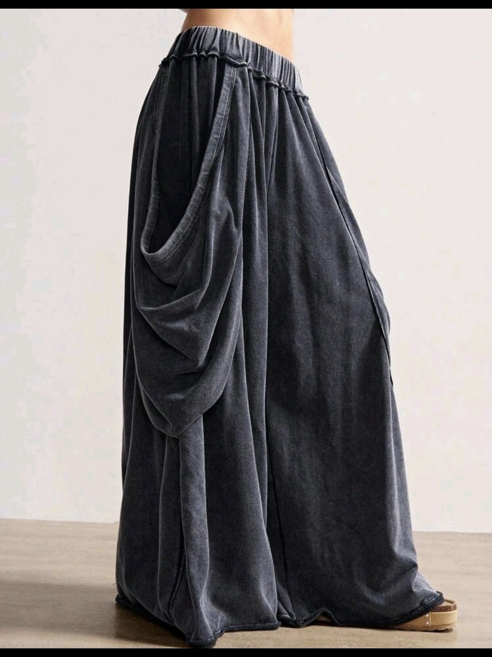 Draped Wide-Leg Boho Pants in Washed Plested Charcoal Elastic Plus Size Casual